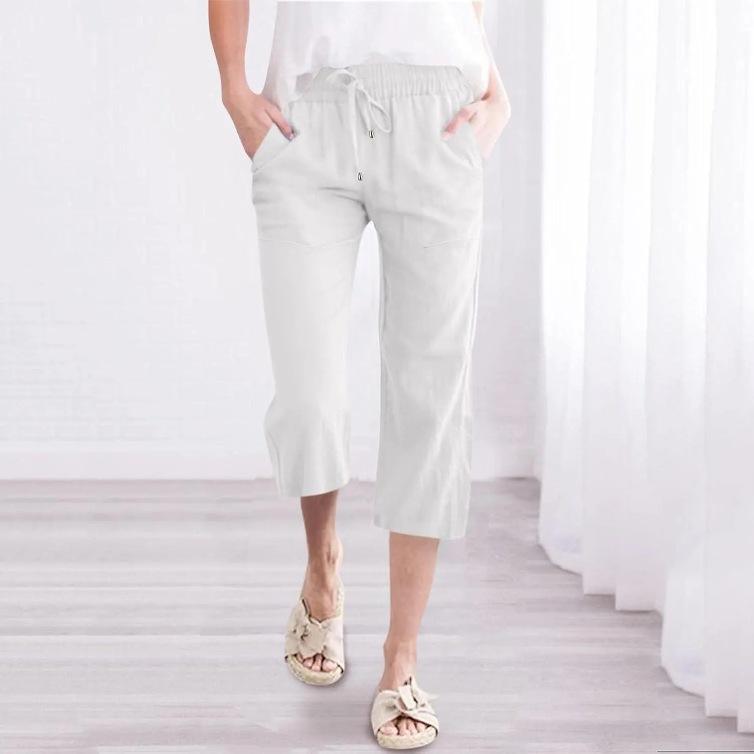 Women's Capri Pants Cotton Linen Casual Summer Cropped Trousers with Pockets, Drawstring Elastic Waist