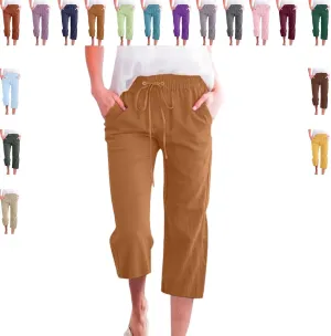 Women's Capri Pants Cotton Linen Casual Summer Cropped Trousers with Pockets, Drawstring Elastic Waist