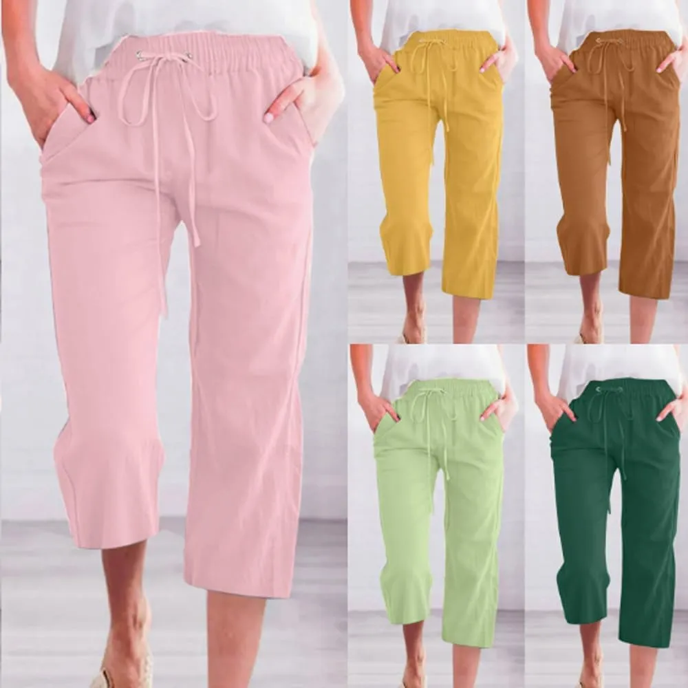 Women's Capri Pants Cotton Linen Casual Summer Cropped Trousers with Pockets, Drawstring Elastic Waist