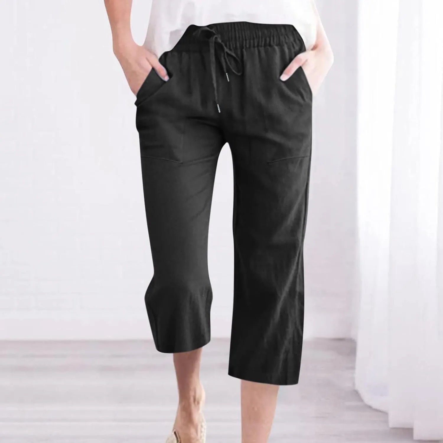 Women's Capri Pants Cotton Linen Casual Summer Cropped Trousers with Pockets, Drawstring Elastic Waist