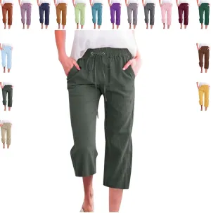 Women's Capri Pants Cotton Linen Casual Summer Cropped Trousers with Pockets, Drawstring Elastic Waist