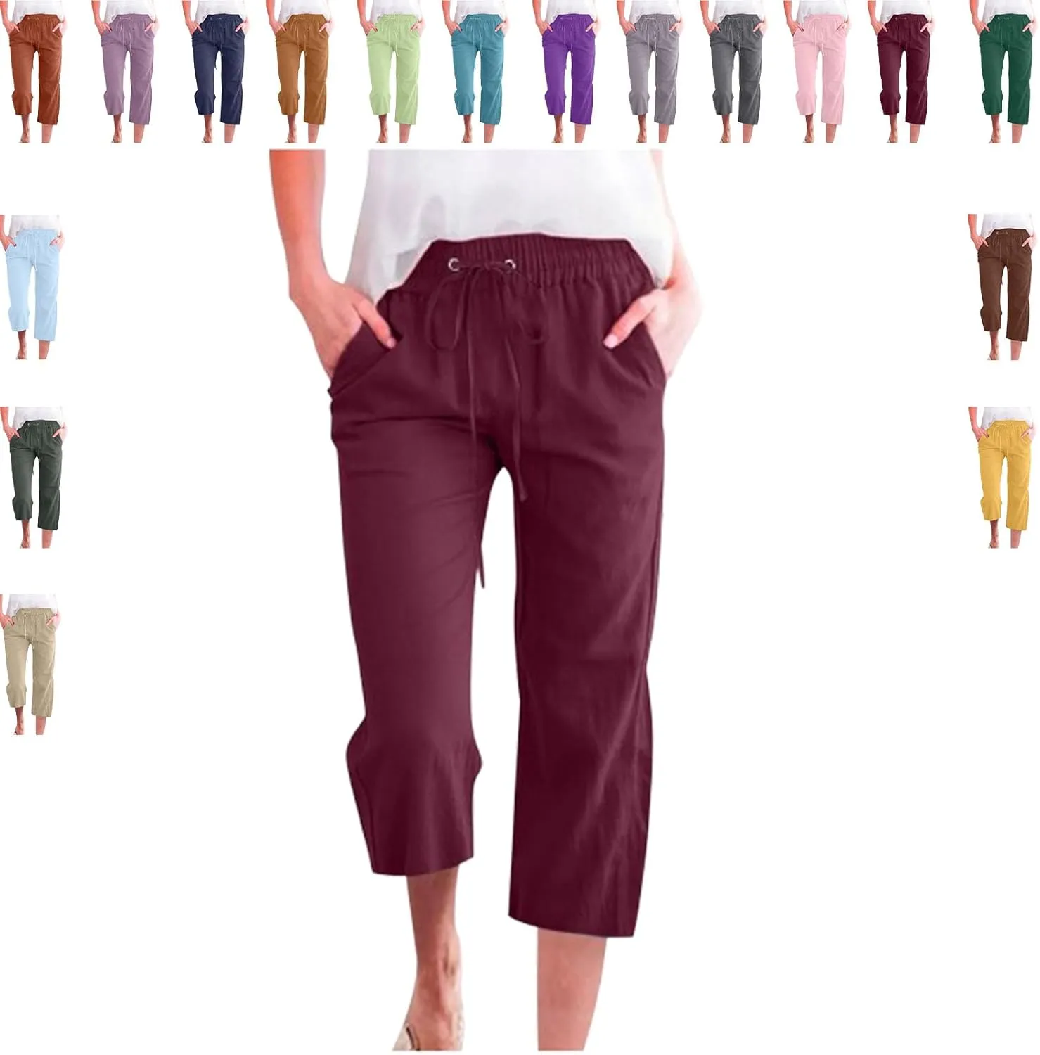 Women's Capri Pants Cotton Linen Casual Summer Cropped Trousers with Pockets, Drawstring Elastic Waist