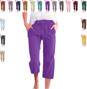 Women's Capri Pants Cotton Linen Casual Summer Cropped Trousers with Pockets, Drawstring Elastic Waist