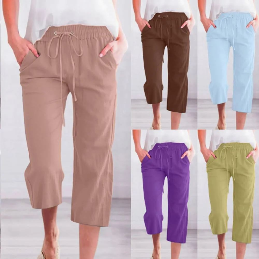 Women's Capri Pants Cotton Linen Casual Summer Cropped Trousers with Pockets, Drawstring Elastic Waist