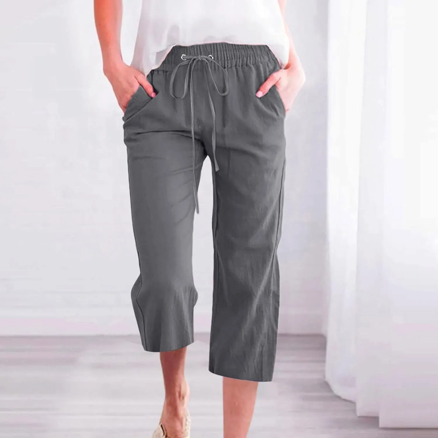 Women's Capri Pants Cotton Linen Casual Summer Cropped Trousers with Pockets, Drawstring Elastic Waist