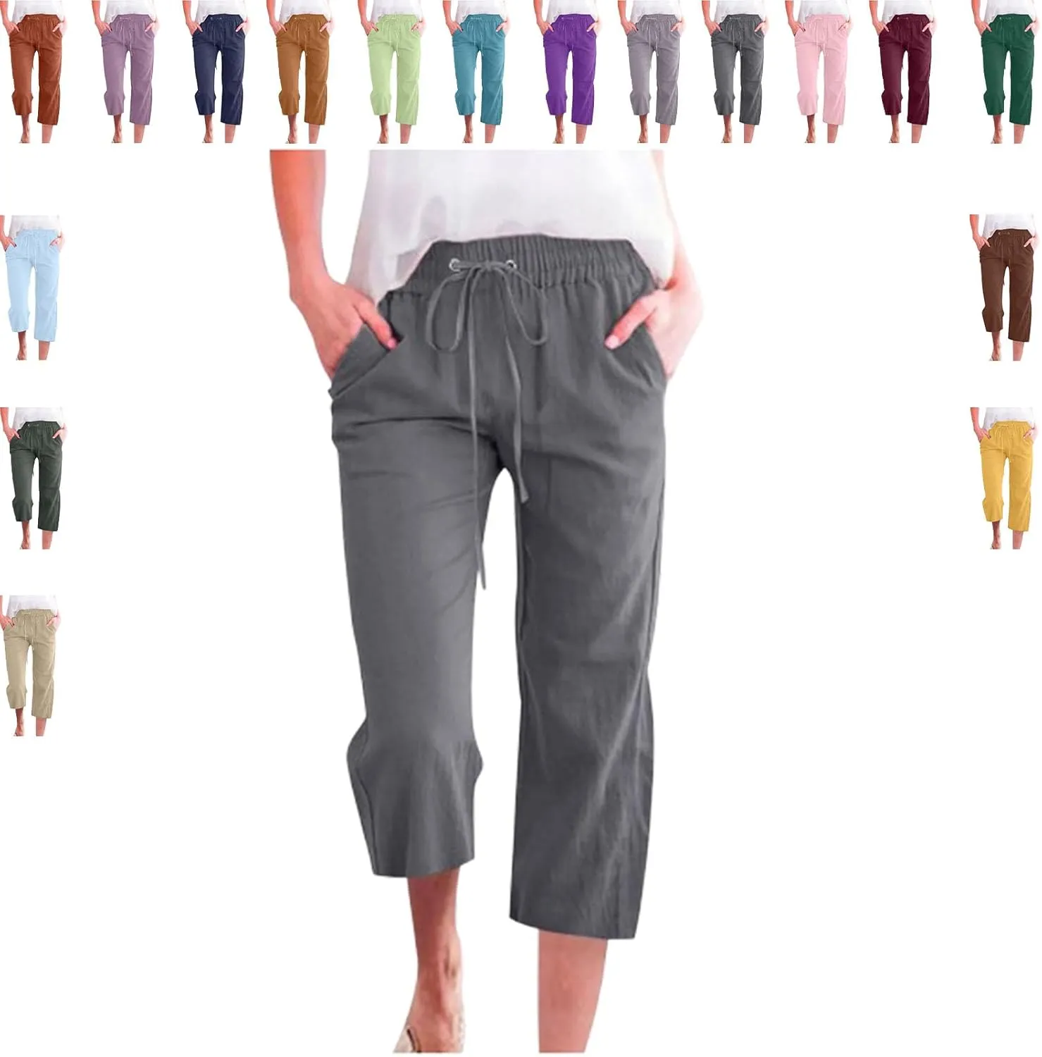 Women's Capri Pants Cotton Linen Casual Summer Cropped Trousers with Pockets, Drawstring Elastic Waist