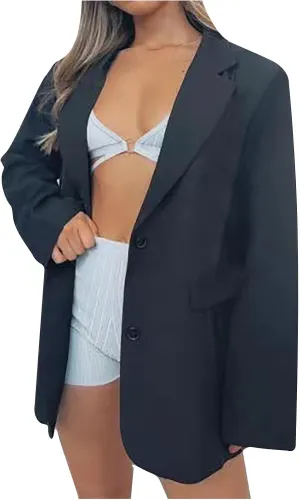 Womens Casual Blazers Long Sleeve Classic Two Button Lapel Collar Work Office Blazer Jackets Oversized Boyfriend Coat