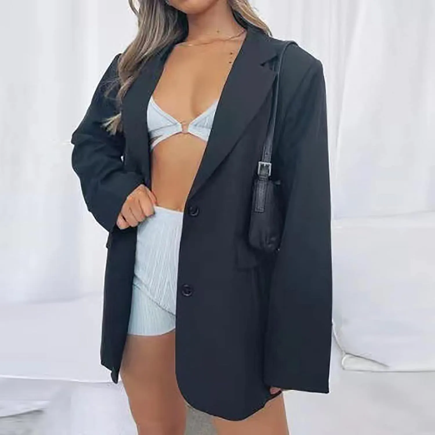 Womens Casual Blazers Long Sleeve Classic Two Button Lapel Collar Work Office Blazer Jackets Oversized Boyfriend Coat