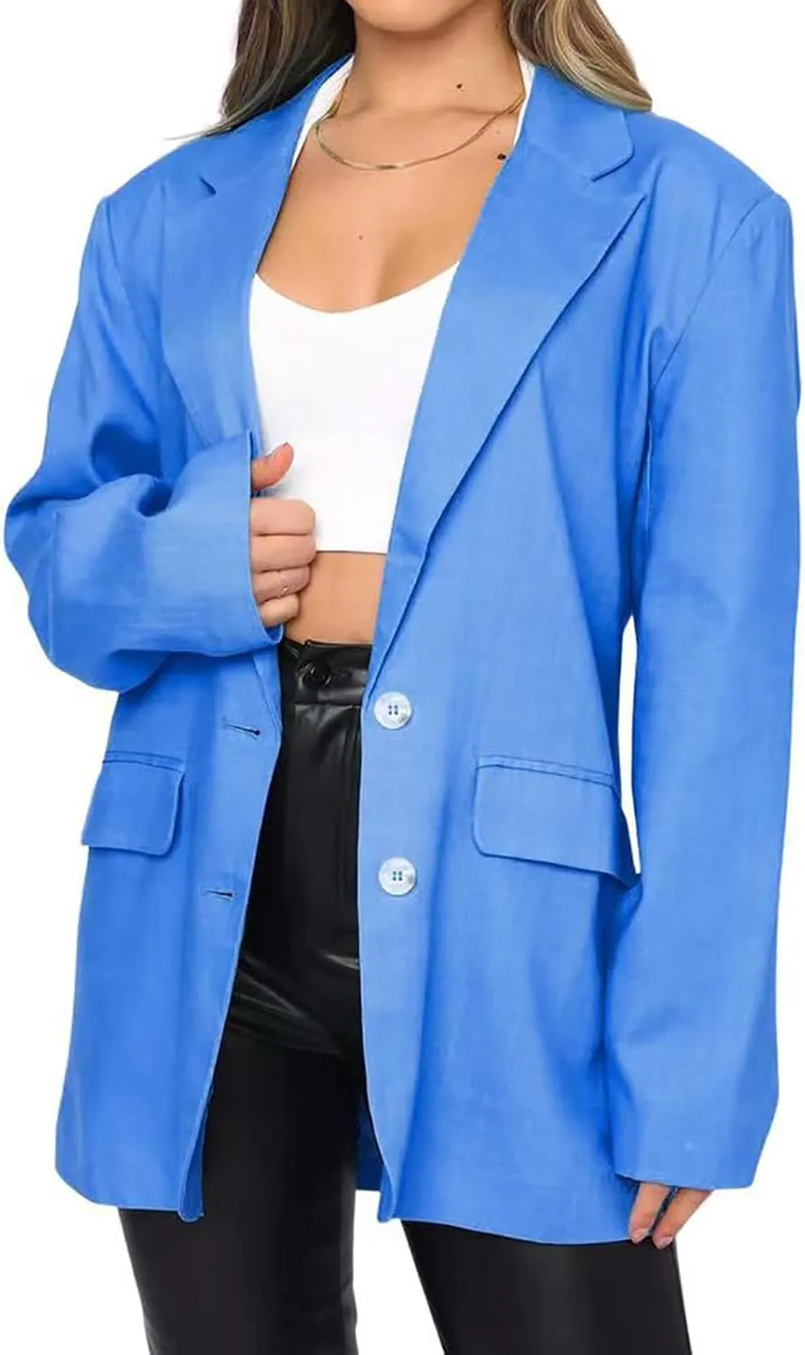 Womens Casual Blazers Long Sleeve Classic Two Button Lapel Collar Work Office Blazer Jackets Oversized Boyfriend Coat