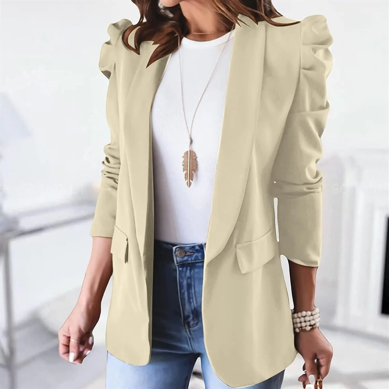 Womens Casual Blazers Puff Sleeve Suit Jacket Open Front Cardigan Jacket Work Office Blazer Business Outfits Tops
