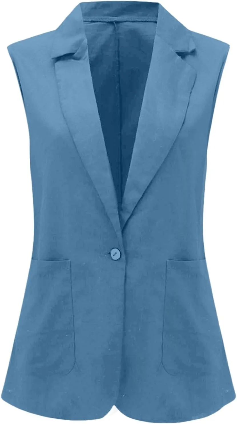 Womens Casual Business Blazer Sleeveless Lightweight Fully-Lined Work Office Vest Summer Waistcoat with Pockets 2025
