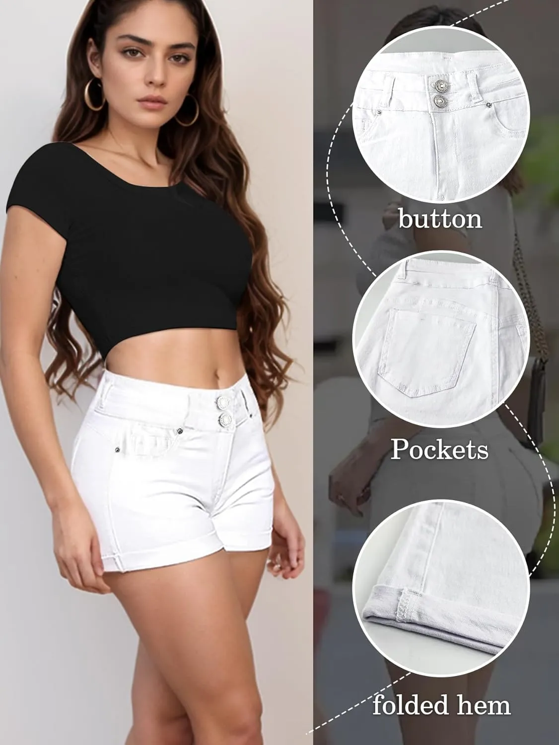 Womens Casual Stretchy Denim Shorts Cuffed High Waisted Jean Shorts Folded Hem Buttons Denim Shorts