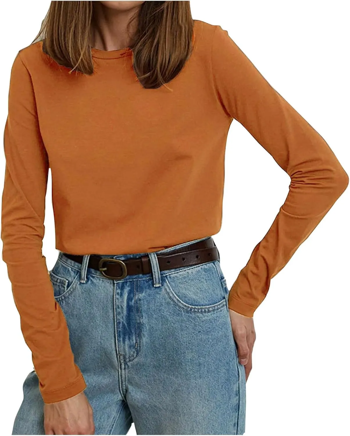 Women's Crewneck Shirts Causal Long Sleeve Slim Fit Winter Basic Tee Tops Versatile Stretchy Cotton Blouse Pullover