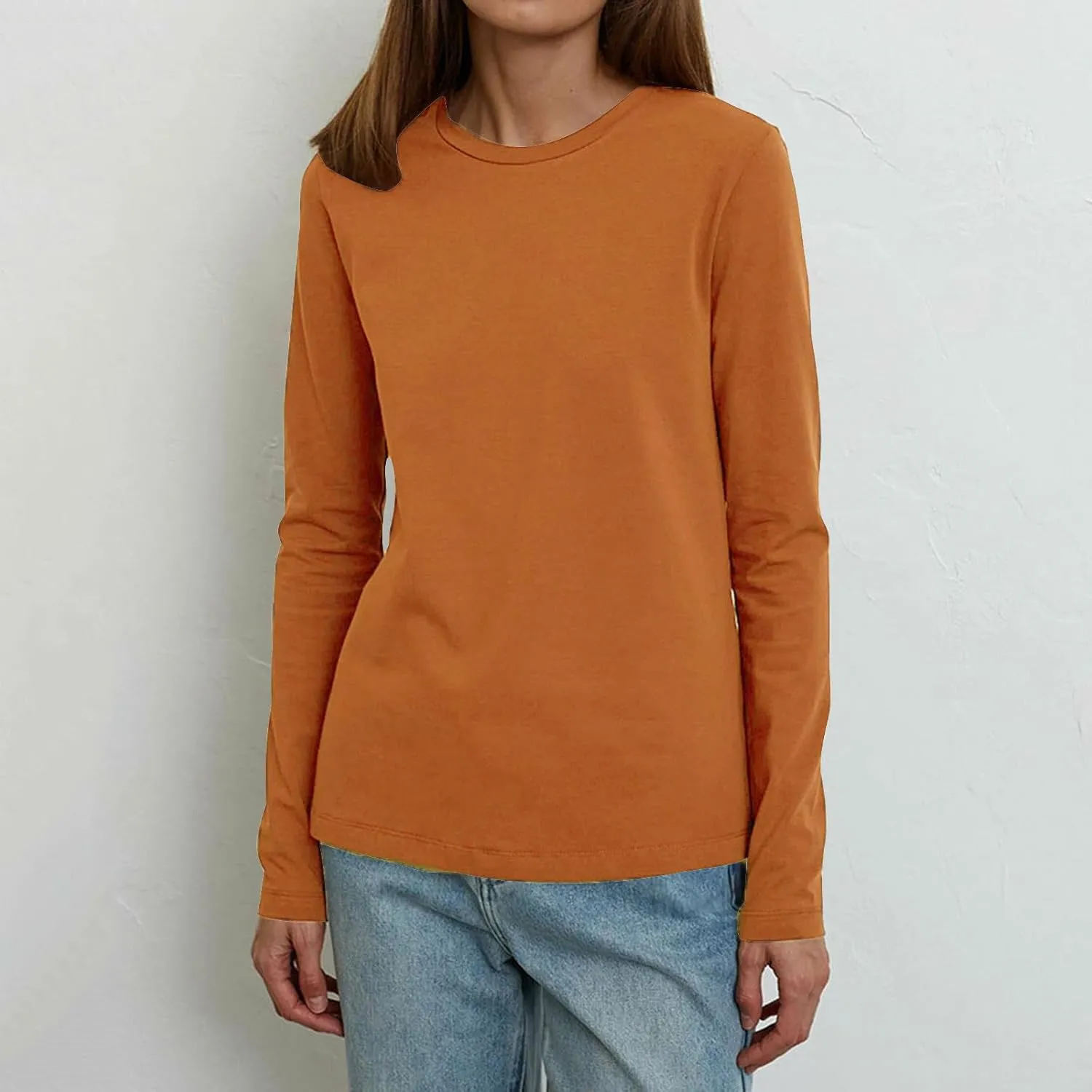 Women's Crewneck Shirts Causal Long Sleeve Slim Fit Winter Basic Tee Tops Versatile Stretchy Cotton Blouse Pullover