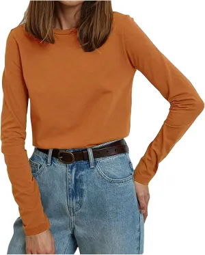 Women's Crewneck Shirts Causal Long Sleeve Slim Fit Winter Basic Tee Tops Versatile Stretchy Cotton Blouse Pullover