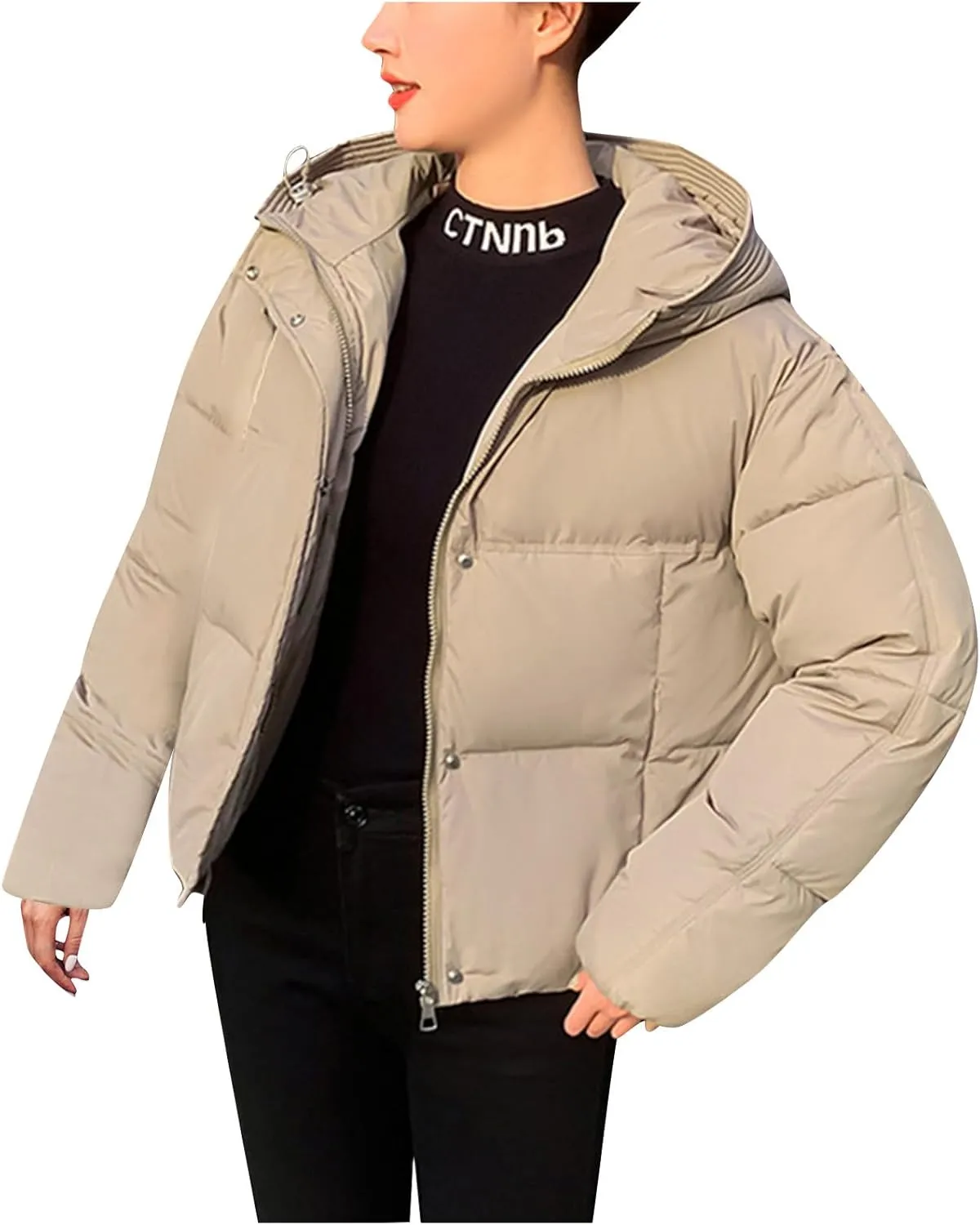 Women's Cropped Puffer Jackets Hooded Winter Coats Thicken Puffy Short Down Coats Quilted Lightweight Jackets Outerwear