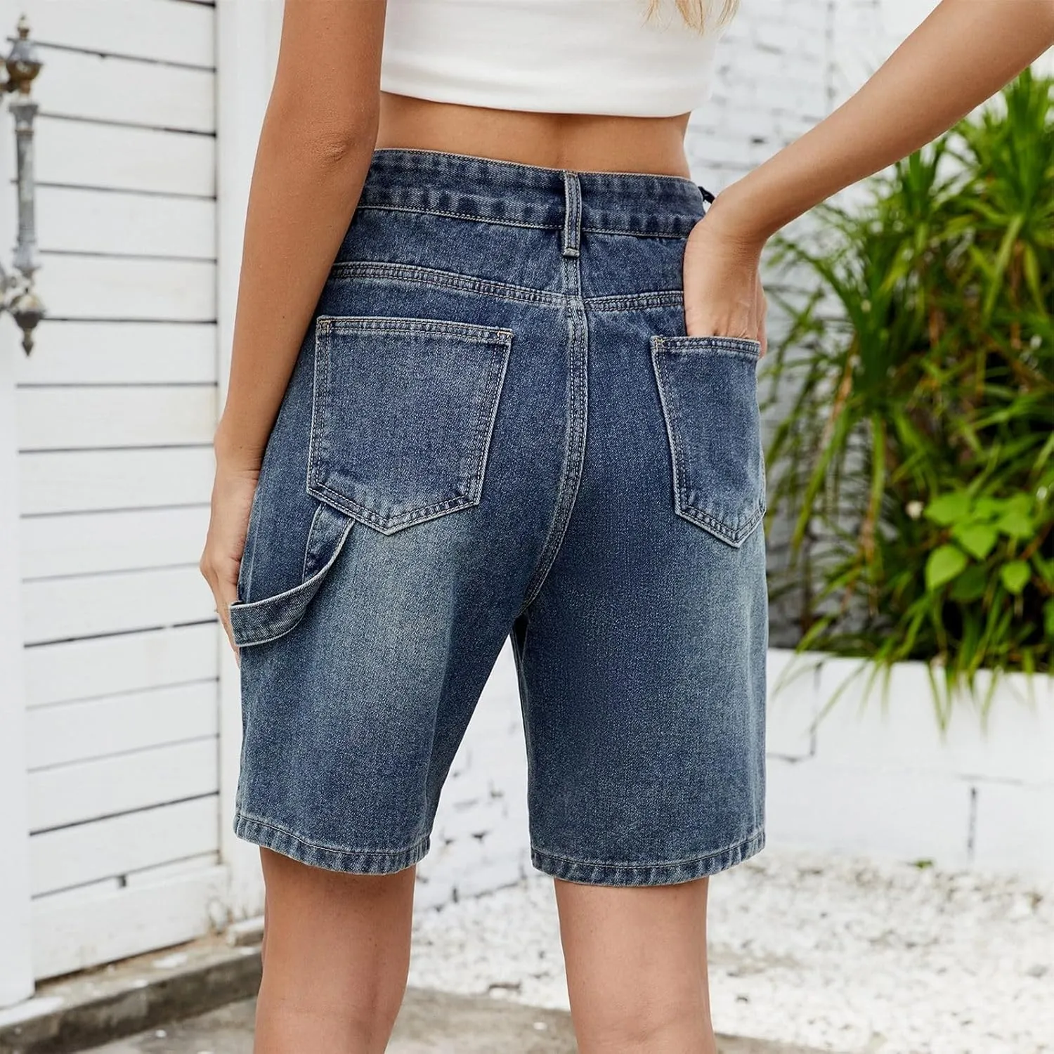 Womens Denim Shorts 9 Inch Inseam - Bermuda Mid-Rise Butt Lift Summer Long Denim 5 Inch Inseam with Pockets