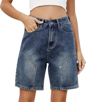 Womens Denim Shorts 9 Inch Inseam - Bermuda Mid-Rise Butt Lift Summer Long Denim 5 Inch Inseam with Pockets