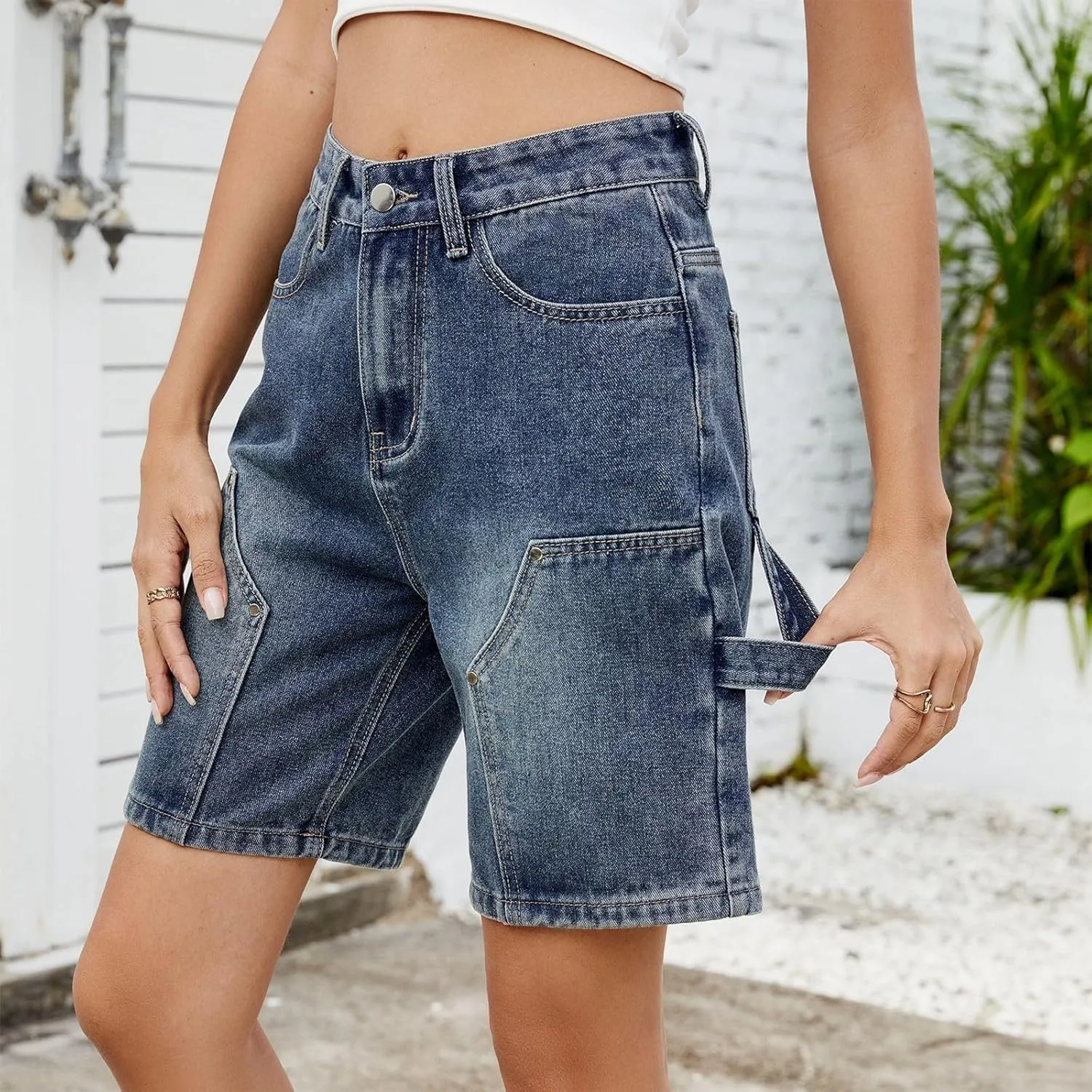 Womens Denim Shorts 9 Inch Inseam - Bermuda Mid-Rise Butt Lift Summer Long Denim 5 Inch Inseam with Pockets