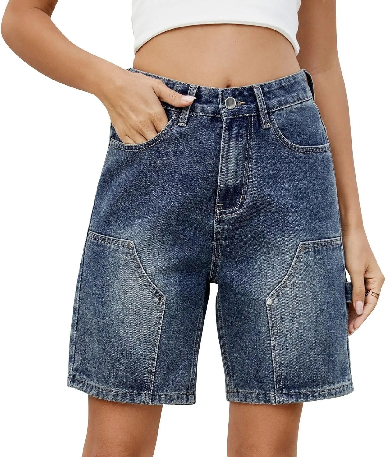 Womens Denim Shorts 9 Inch Inseam - Bermuda Mid-Rise Butt Lift Summer Long Denim 5 Inch Inseam with Pockets