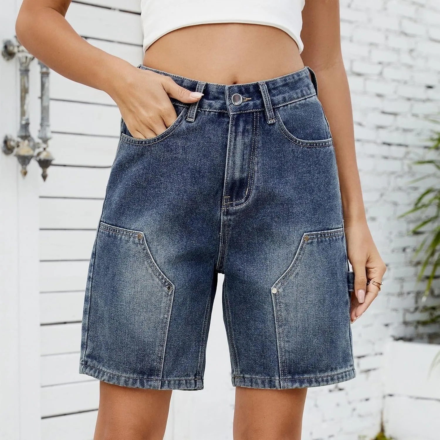 Womens Denim Shorts 9 Inch Inseam - Bermuda Mid-Rise Butt Lift Summer Long Denim 5 Inch Inseam with Pockets
