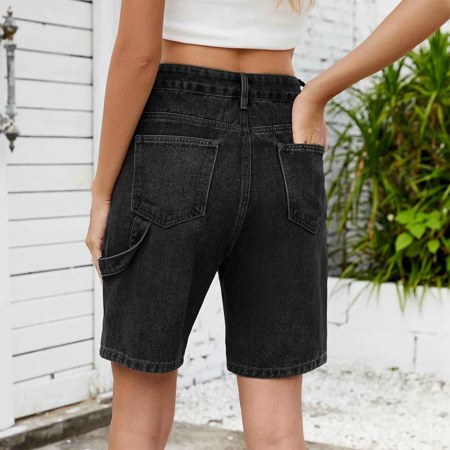 Women's Denim Shorts Elastic Waist - Bermuda Mid-Rise Butt Lift Summer Long Denim 5 Inch Inseam with Multi Pockets