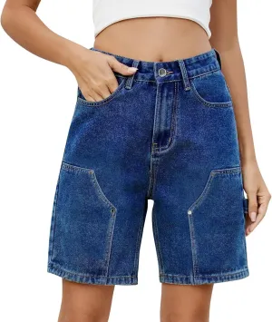 Women's Denim Shorts Elastic Waist - Bermuda Mid-Rise Butt Lift Summer Long Denim 5 Inch Inseam with Multi Pockets