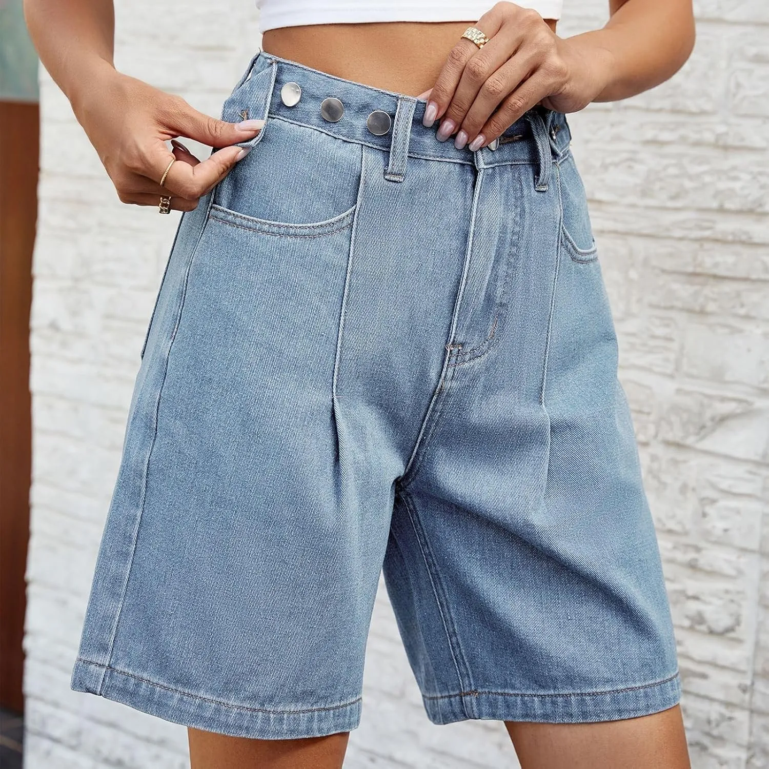 Women's Denim Shorts Elastic Waist - Bermuda Mid-Rise Butt Lift Summer Long Denim 5 Inch Inseam with Multi Pockets