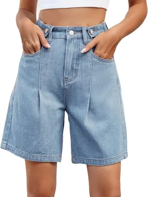 Women's Denim Shorts Elastic Waist - Bermuda Mid-Rise Butt Lift Summer Long Denim 5 Inch Inseam with Multi Pockets