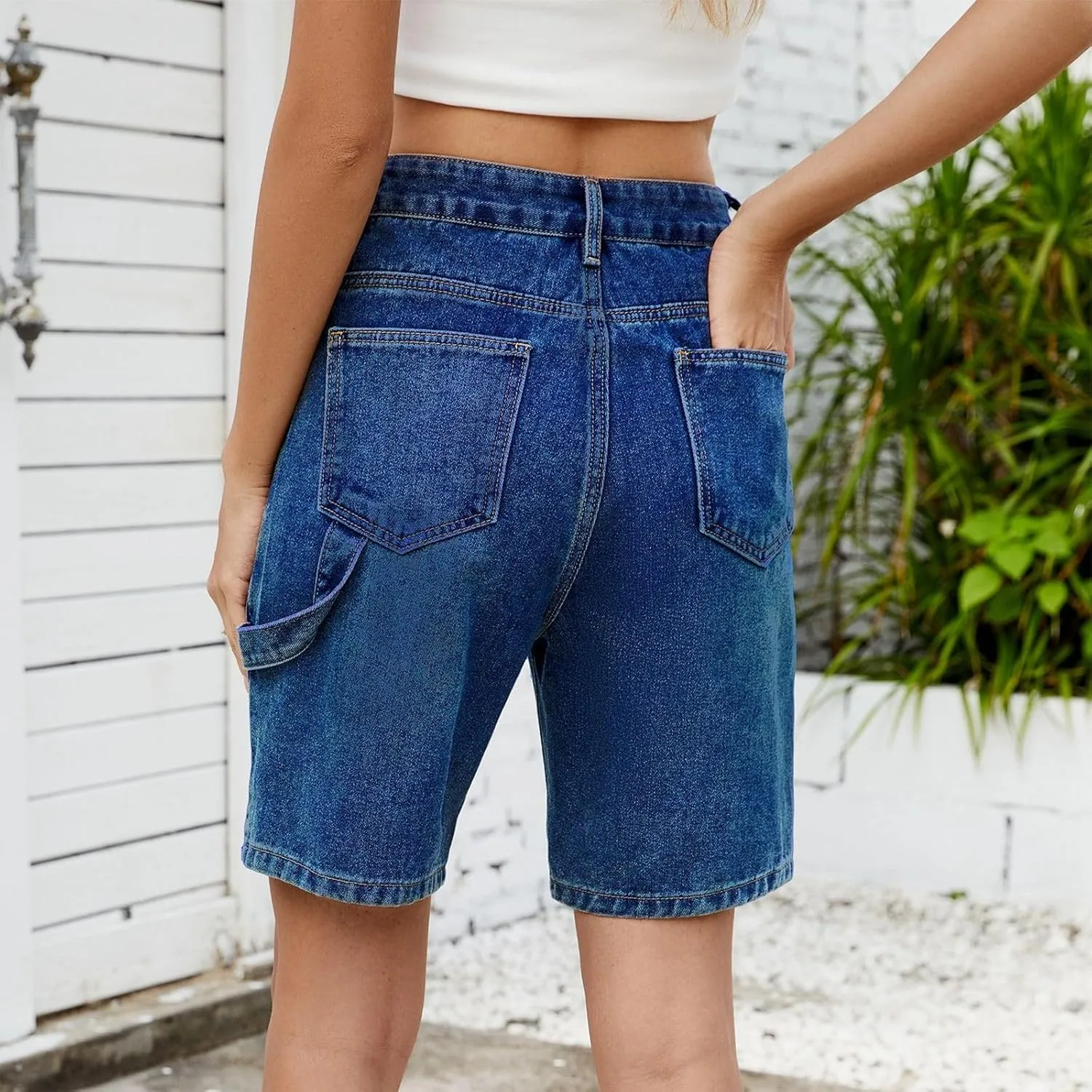 Women's Denim Shorts Elastic Waist - Bermuda Mid-Rise Butt Lift Summer Long Denim 5 Inch Inseam with Multi Pockets