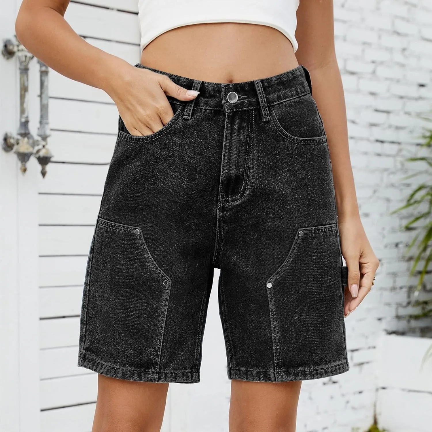 Women's Denim Shorts Elastic Waist - Bermuda Mid-Rise Butt Lift Summer Long Denim 5 Inch Inseam with Multi Pockets