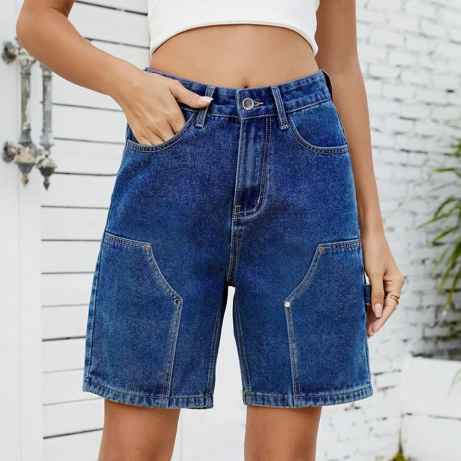 Women's Denim Shorts Elastic Waist - Bermuda Mid-Rise Butt Lift Summer Long Denim 5 Inch Inseam with Multi Pockets