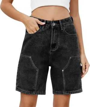 Women's Denim Shorts Elastic Waist - Bermuda Mid-Rise Butt Lift Summer Long Denim 5 Inch Inseam with Multi Pockets