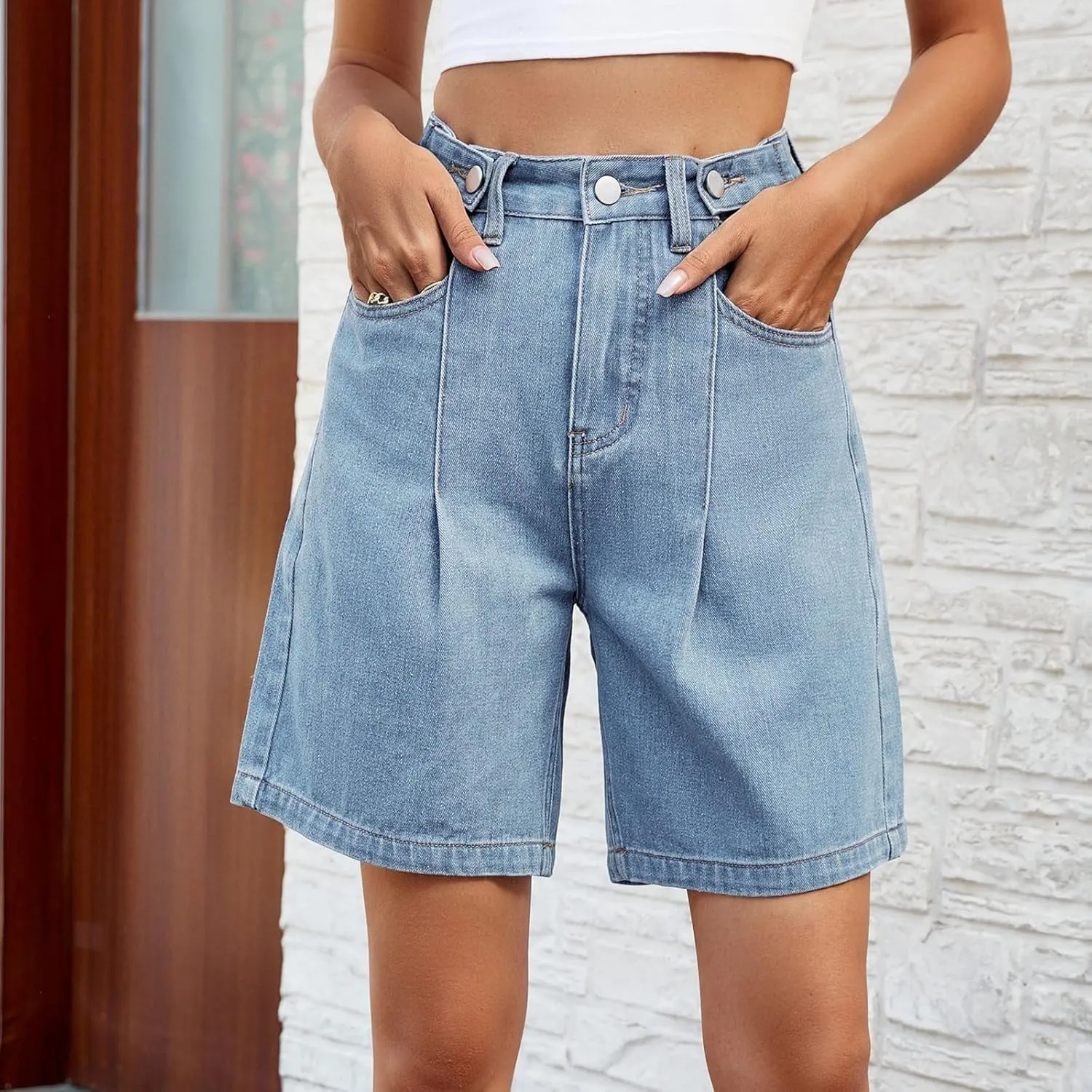 Women's Denim Shorts Elastic Waist - Bermuda Mid-Rise Butt Lift Summer Long Denim 5 Inch Inseam with Multi Pockets