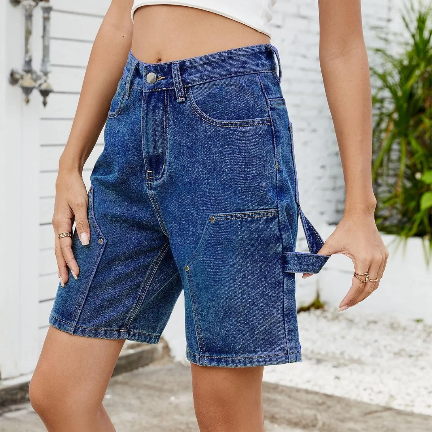 Women's Denim Shorts Elastic Waist - Bermuda Mid-Rise Butt Lift Summer Long Denim 5 Inch Inseam with Multi Pockets