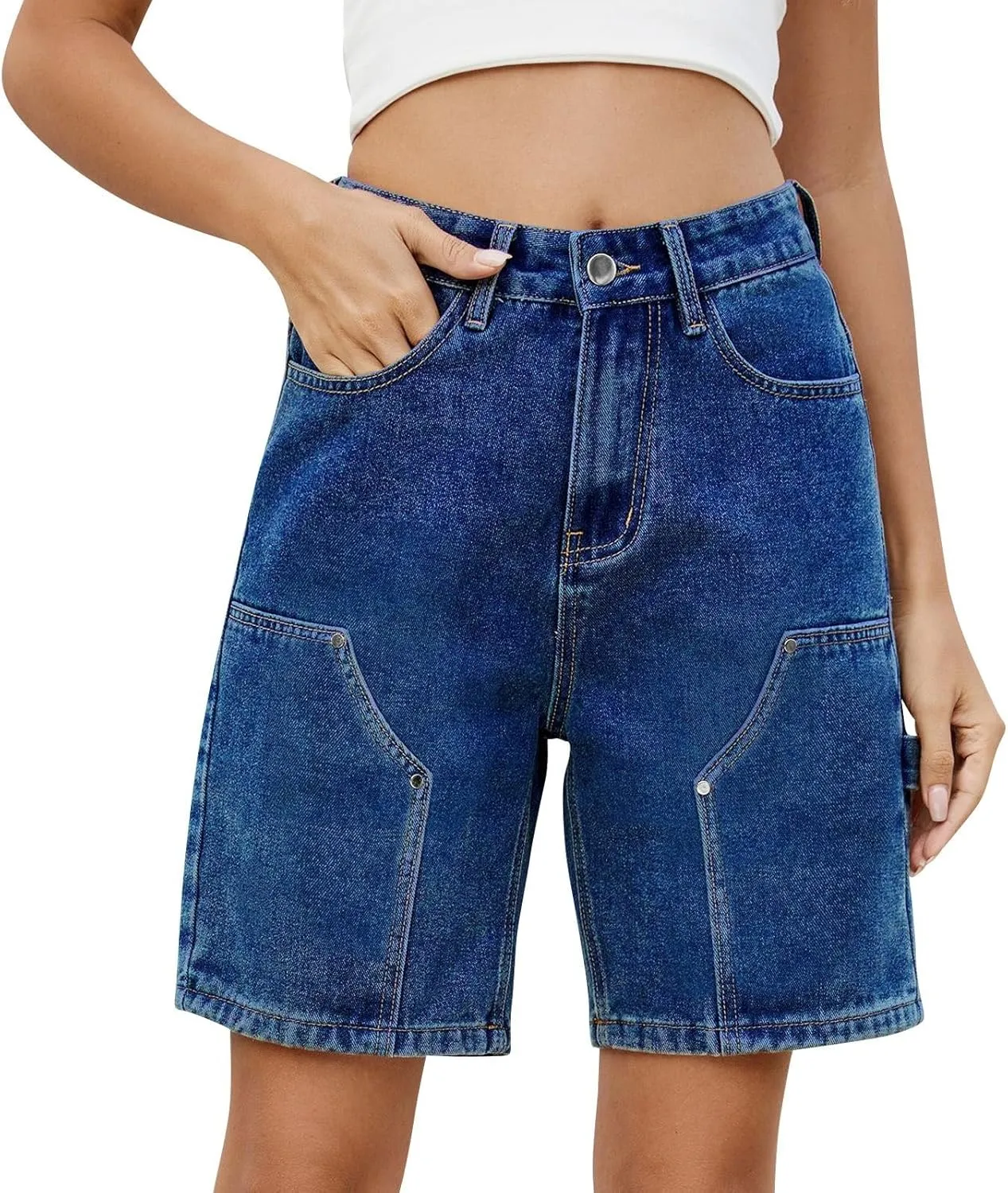 Women's Denim Shorts Elastic Waist - Bermuda Mid-Rise Butt Lift Summer Long Denim 5 Inch Inseam with Multi Pockets