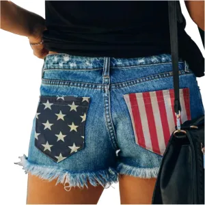 Women's Denim Shorts Low-Rise American Flag Printed Shorts Frayed Raw Hem Casual Jeans Shorts Sexy Mini Hot Pants