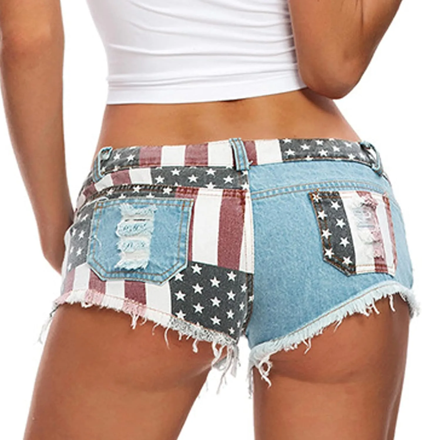 Women's Denim Shorts Low-Rise American Flag Printed Shorts Frayed Raw Hem Casual Jeans Shorts Sexy Mini Hot Pants
