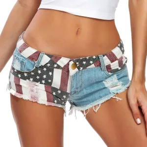 Women's Denim Shorts Low-Rise American Flag Printed Shorts Frayed Raw Hem Casual Jeans Shorts Sexy Mini Hot Pants