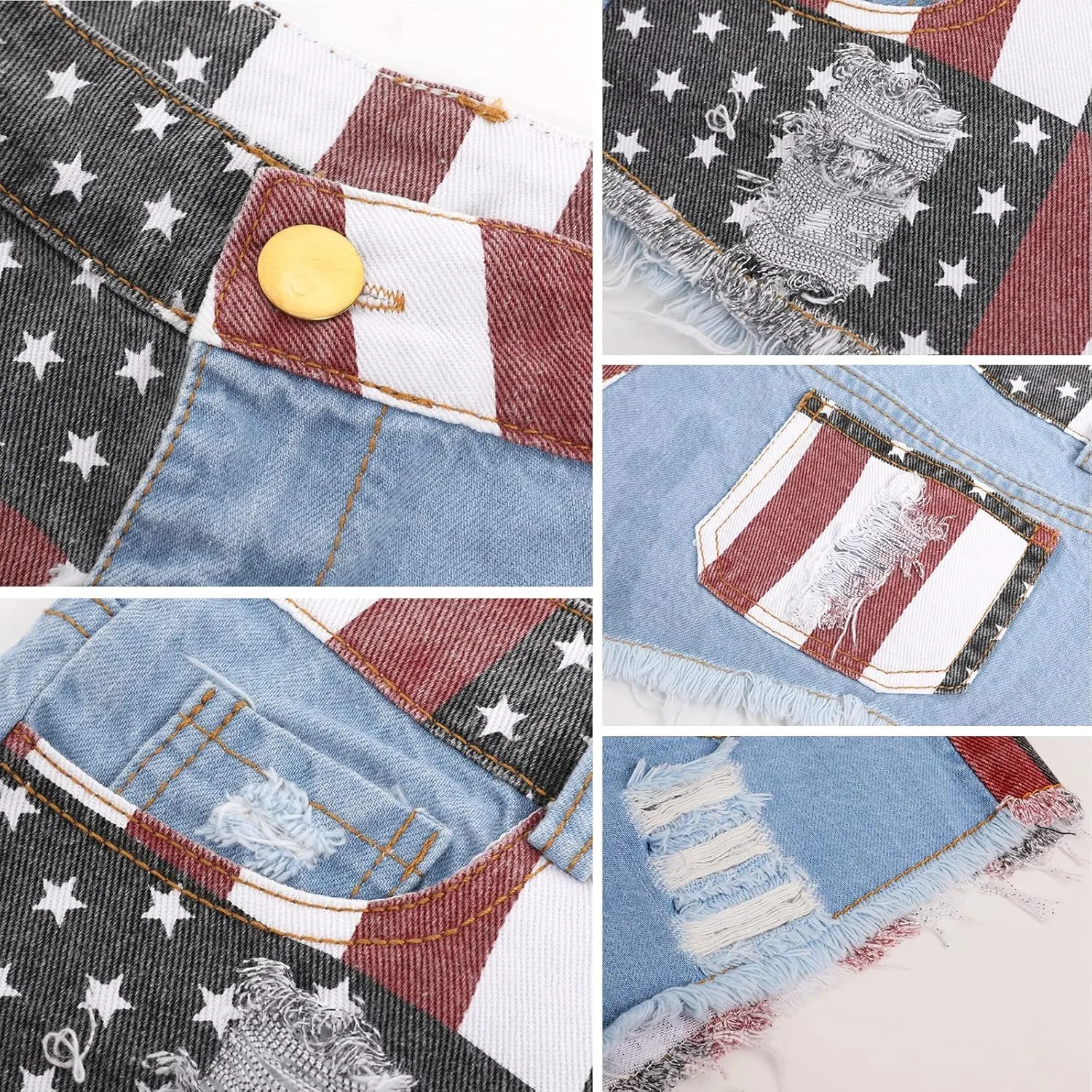 Women's Denim Shorts Low-Rise American Flag Printed Shorts Frayed Raw Hem Casual Jeans Shorts Sexy Mini Hot Pants