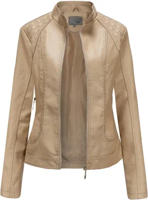 Womens Faux Leather Biker Jacket Girls Standing Collar Motorcycle Jackets PU Biker Moto Coat Short Bomber Coats