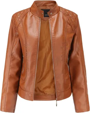 Womens Faux Leather Biker Jacket Girls Standing Collar Motorcycle Jackets PU Biker Moto Coat Short Bomber Coats