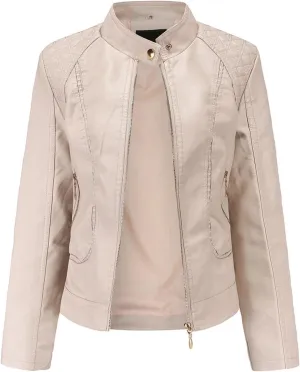 Womens Faux Leather Biker Jacket Girls Standing Collar Motorcycle Jackets PU Biker Moto Coat Short Bomber Coats