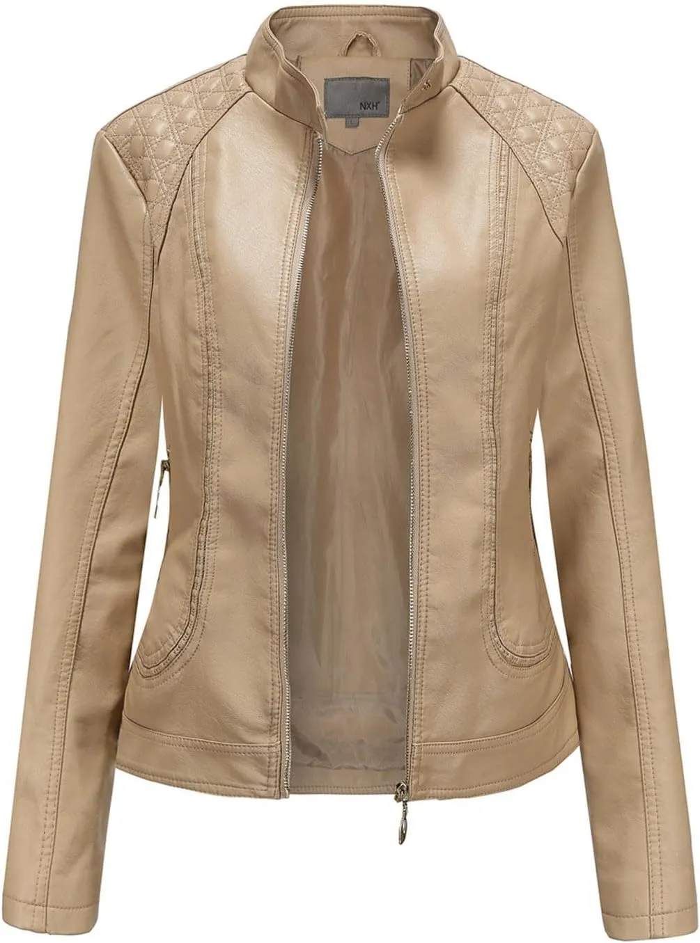 Womens Faux Leather Biker Jacket Girls Standing Collar Motorcycle Jackets PU Biker Moto Coat Short Bomber Coats