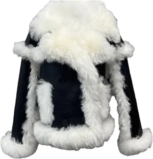 Women's Faux Leather Coat Real Wool Shearling Jackets Winter Outerwear Faux Leather Moto Biker Coat