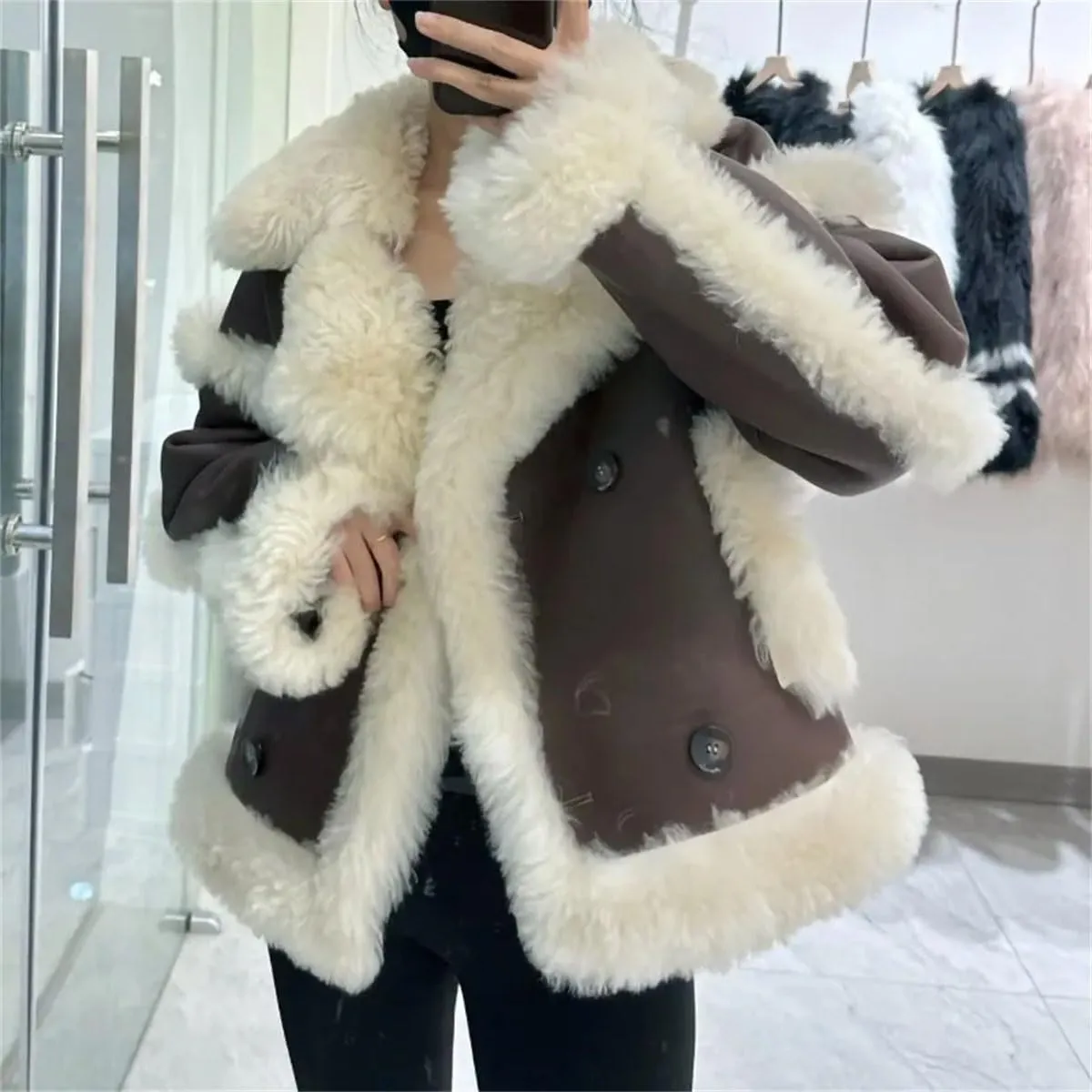 Women's Faux Leather Coat Real Wool Shearling Jackets Winter Outerwear Faux Leather Moto Biker Coat