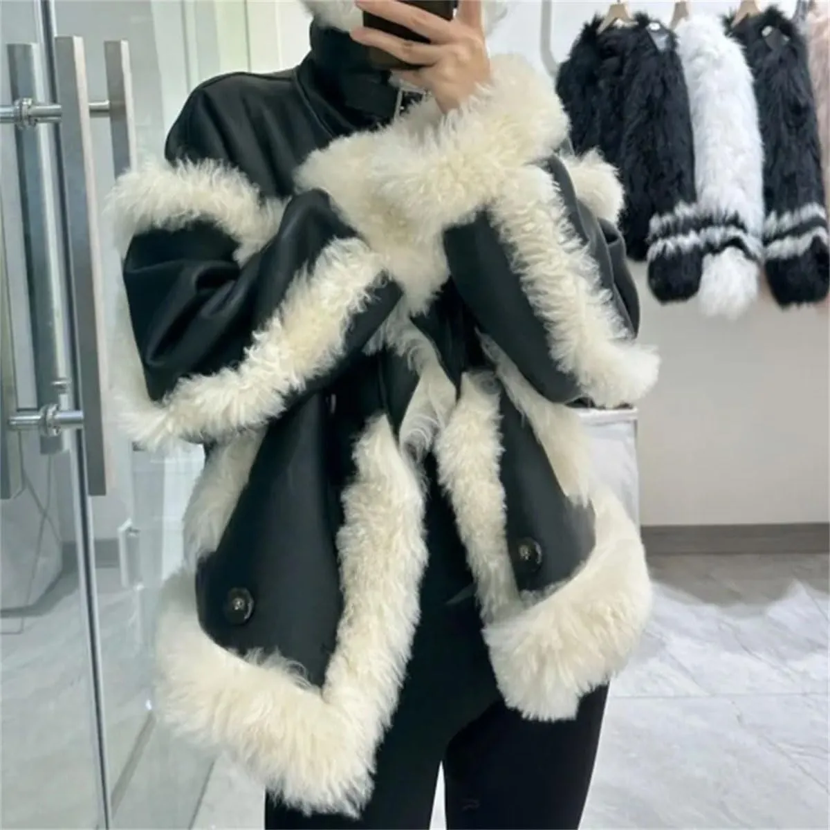 Women's Faux Leather Coat Real Wool Shearling Jackets Winter Outerwear Faux Leather Moto Biker Coat