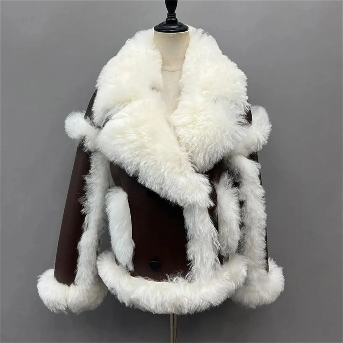 Women's Faux Leather Coat Real Wool Shearling Jackets Winter Outerwear Faux Leather Moto Biker Coat