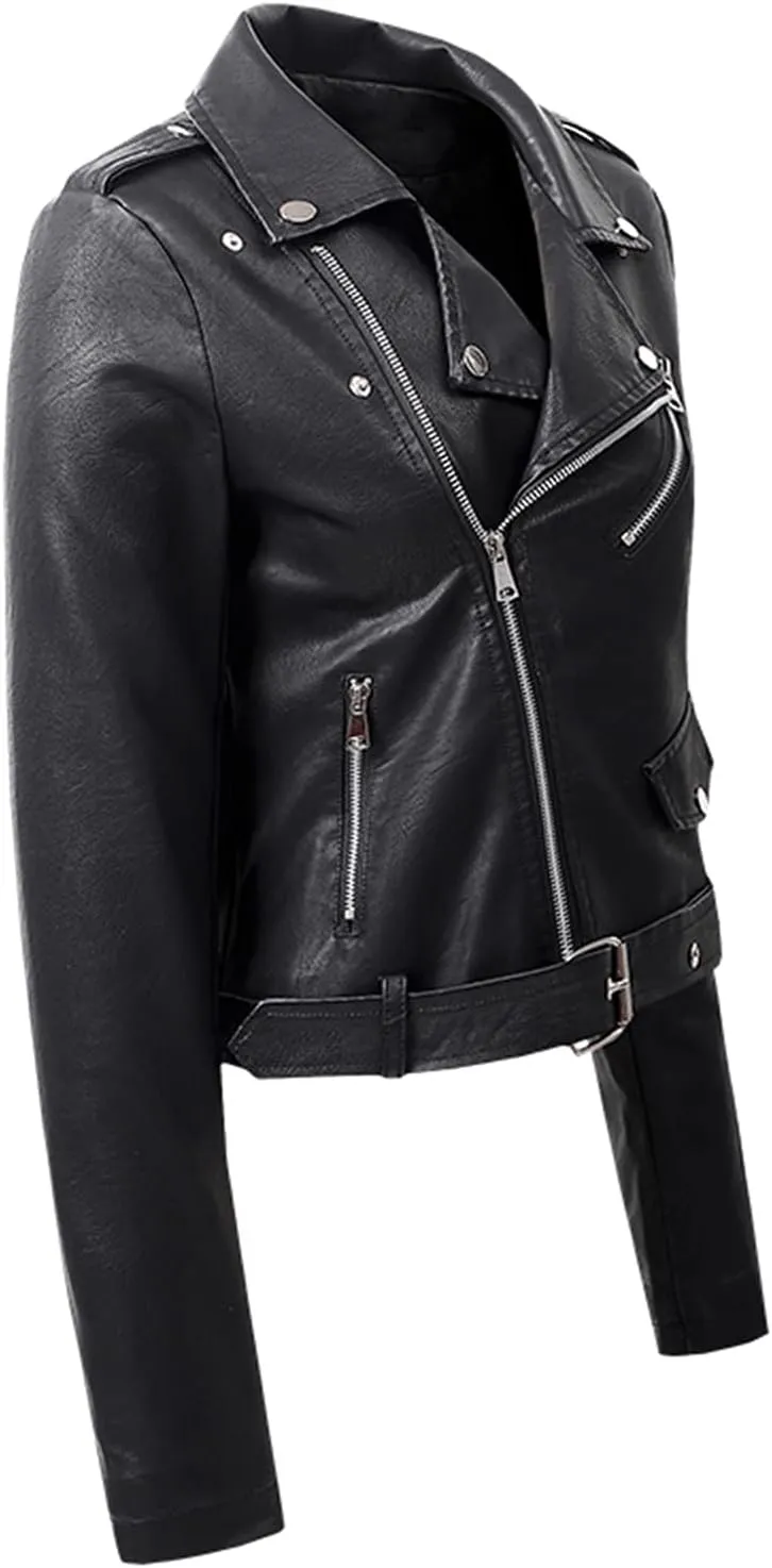 Women's Faux Leather Jacket Ladies Lapel Collar Short Coat Button Motorcycle Biker Outwear Zipper Jackets PU Coats