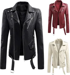 Women's Faux Leather Jacket Ladies Lapel Collar Short Coat Button Motorcycle Biker Outwear Zipper Jackets PU Coats